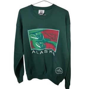 Vintage Lee 90s Men's L Green Alaska Fishing Graphic Crew Neck Sweatshirt MINTY